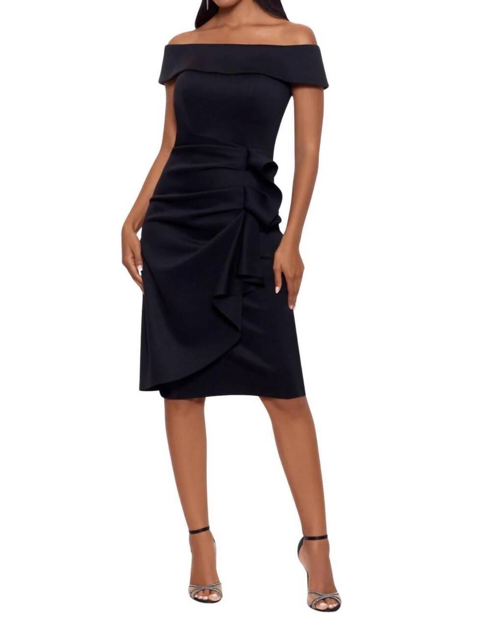 NEW XSCAPE knee length off-the-shoulder scuba side ruched dress in black
